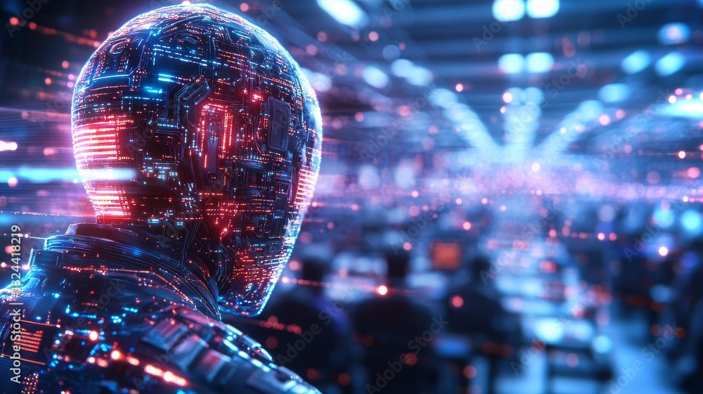 Poster futuristic ai portrait in a tech-driven environment with blurred background of busy workers