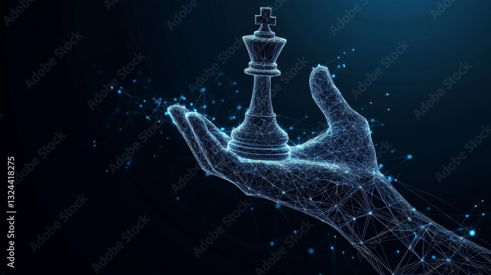 Poster abstract 3d hand holding chess piece queen isolated in dark blue background. low poly mesh wireframe