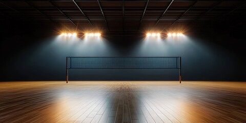 Vibrant indoor volleyball court with spotlights illuminating the scene, showcasing an empty wooden floor and net in high definition.