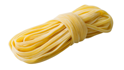 bundle of uncooked fettuccine pasta is neatly coiled, showcasing its smooth texture and pale yellow color, ready for cooking