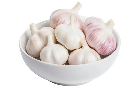 Fresh garlic bulbs in a white bowl for cooking, cut out - Powered by Adobe