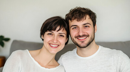 Obraz premium Smiling couple posing together in cozy indoor setting.