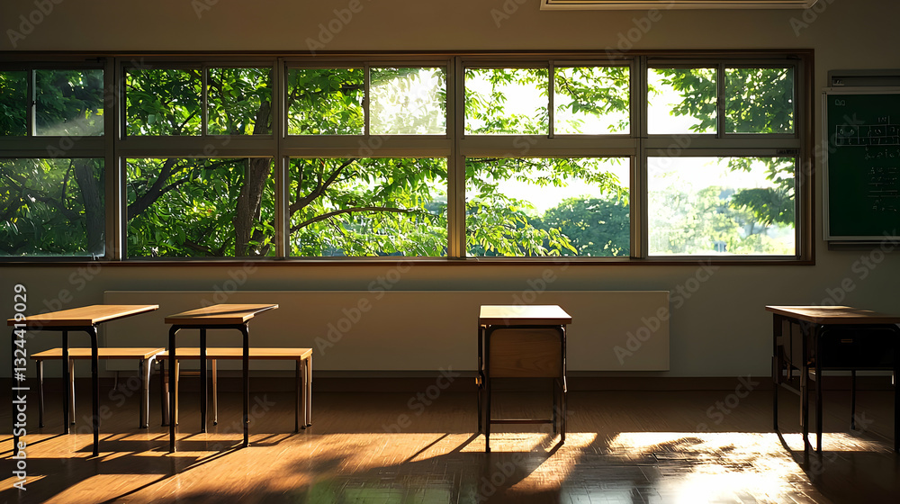 Poster empty classroom interior with sunlight through windows highlighting desks and shadows with green tre