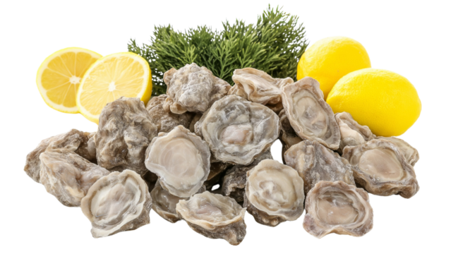 Fresh oysters on half shell are displayed with lemon slices and dill, creating vibrant and appetizing seafood presentation