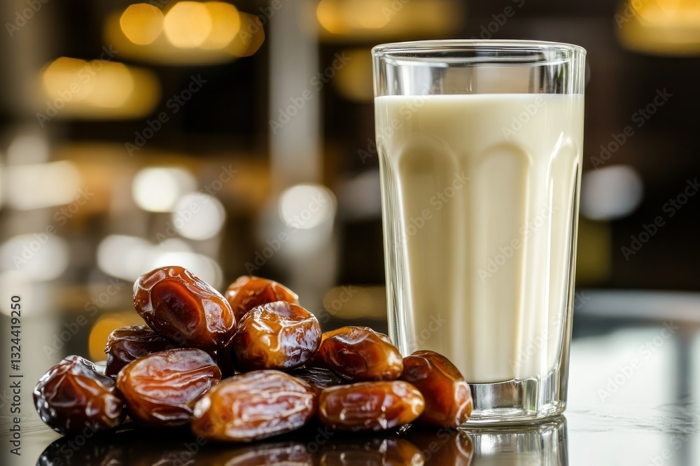 Poster fresh dates and creamy beverage on a table with soft lighting in background