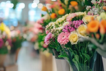 Colorful Flower Arrangements in Bright Floral Shop with Soft Bokeh Background