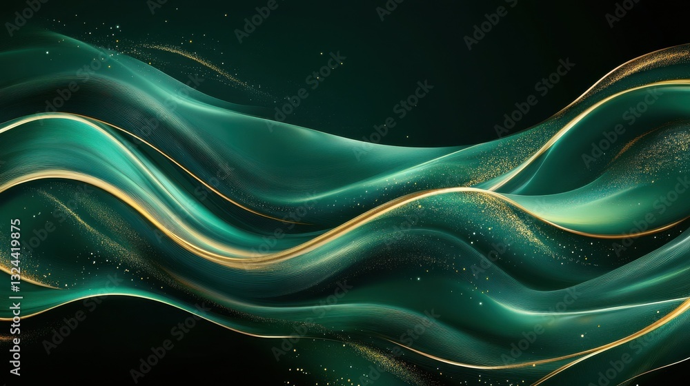 Poster abstract green and gold waves on a dark background, creating a luxurious and elegant visual effect.
