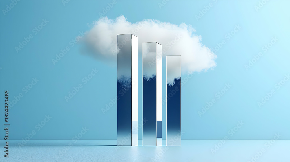 Poster reflective glass bar graph with blue sky reflection and cloud hovering above in minimalist blue room