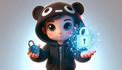 Digital security awareness animated character holding locks virtual environment tech concept
