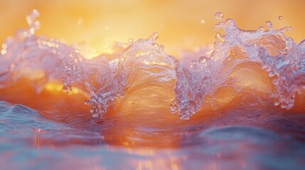 Fototapeta premium Breaking ocean wave with golden sunlight reflecting at the beach