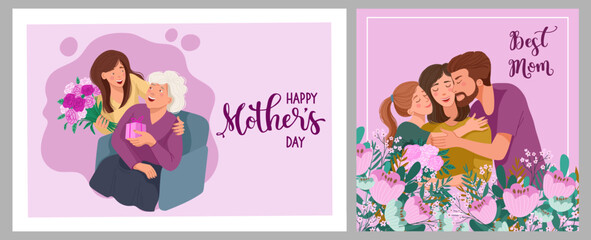 Set of cute cards for Mothers Day on pink background. Vector illustration