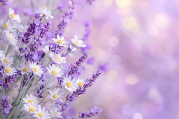 Obraz premium Delicate Lavender and White Daisy Flowers on a Soft Purple Background with Bokeh Effect