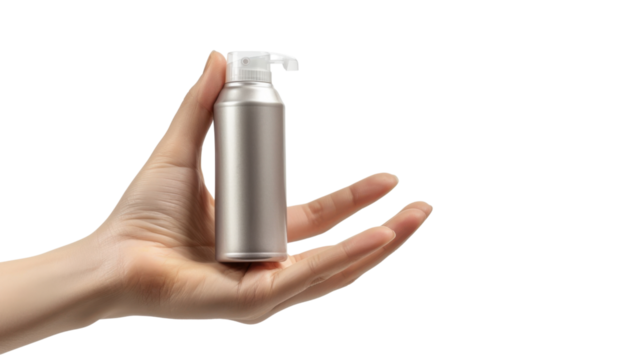 Hand holding cosmetic bottle with pump dispenser on transparent background
