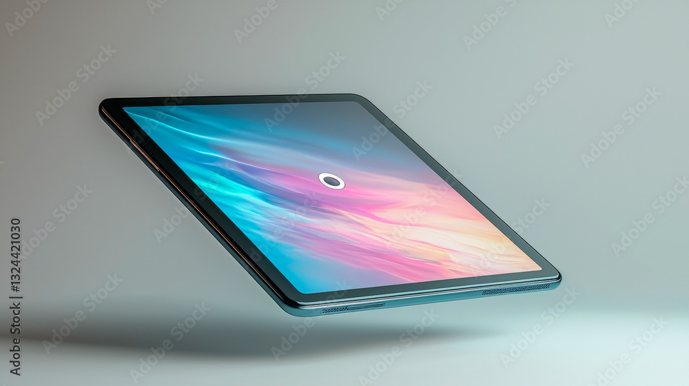 Poster futuristic floating tablet with a sleek glass design, displaying a vibrant digital interface. a high