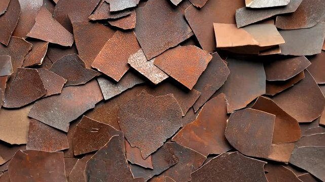 Close-up view of assorted textured brown and rust-colored leather scraps scattered randomly