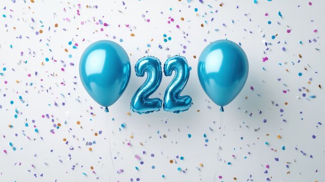 Blue birthday / anniversary balloon, number 32, white background with confetti