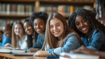 Happy team of high school girls and guys studying together. Group of multiethnic classmates smiling in university library. Group of young people sitting at table working on school assignment.