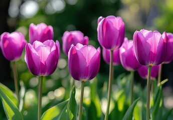 Obraz premium A group of purple tulips blooming in the garden, with green leaves and a blurred background.
