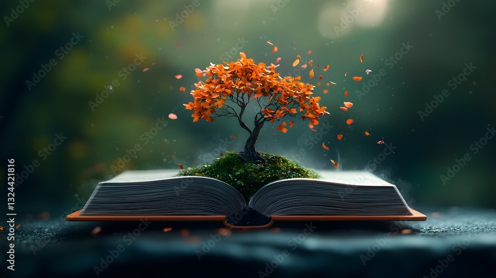Poster whimsical open book with thriving plant life emerging from its pages representing the blossoming of 