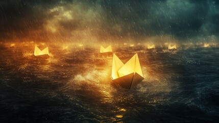 Surreal journey of a paper boat leaving a stormy sea behind, embodying hope and transformation under a radiant golden light
