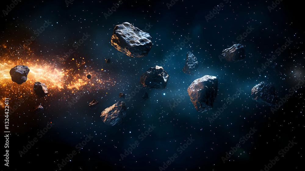 Poster floating asteroids with glowing particles and streaks of light in a dark blue space