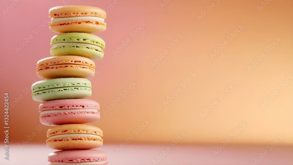 Poster a stack of colorful macarons in pastel shades, with a smooth surface and a blurred soft background. 
