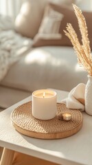Warm ambiance created by a lit candle on a wooden tray with dried flowers in a cozy living room setting during the afternoon