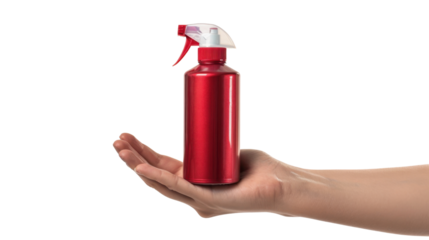 Hand holding red spray bottle on transparent background