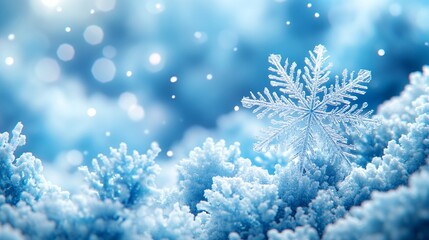 Close up of snowflake on a snowy background with bokeh effect