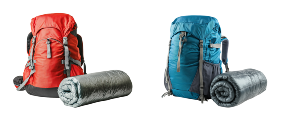 Blue and orange backpack with gray straps and sleeping bag rolled up isolated on white or transparent background