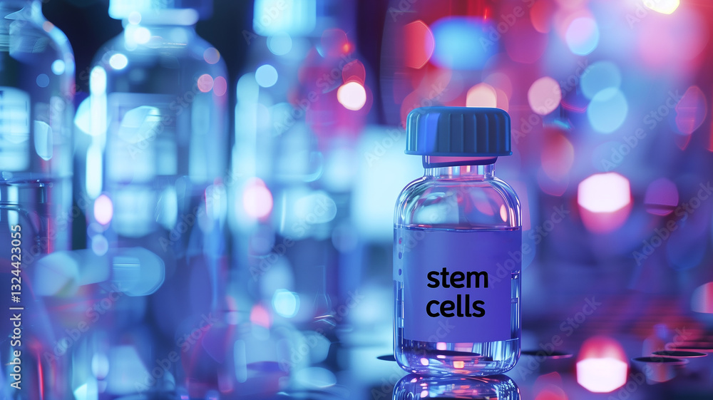 Poster this display highlights vials labeled stem cells in the laboratory setting, emphasizing research.