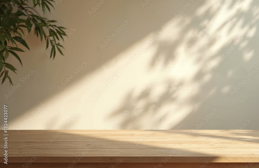 Poster empty wooden table with leaf shadows on wall. abstract light creates grunge shade on surface. use ba