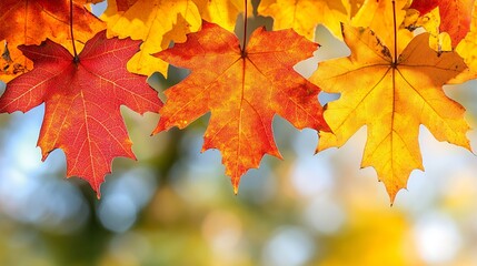 Fototapeta premium Colorful Maple Leaves Hanging in Autumn with Bokeh Background