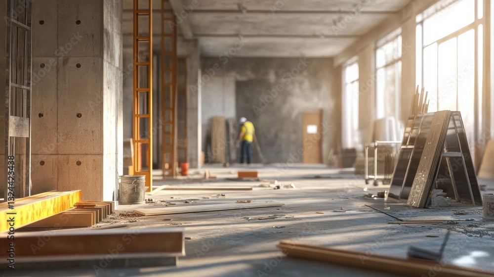 Poster building construction site interior with carpenter working in background