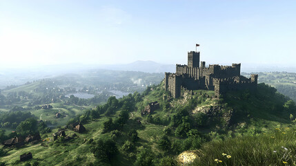 Ancient Stone Castle atop Green Hill Overlooking Verdant Valley Under Blue Sky in Daylight