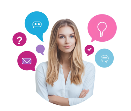 A graphic of an adult woman with long blonde hair, contemplating ideas and innovative products. The transparent background PNG.