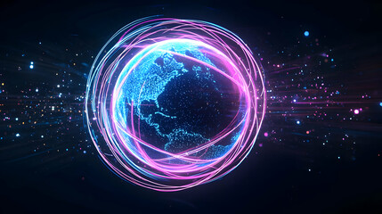 Rotating Glowing Digital Globe With Futuristic Pink And Blue Neon Light Streaks In Dark Background With Pixelated Effect For Technology Related