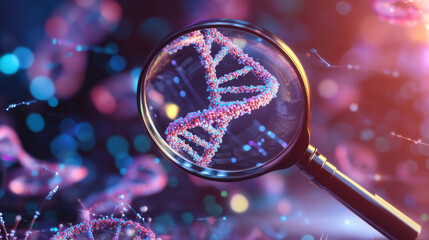 Genetic laboratory research low poly wireframe illustration. 3D DNA double helix molecule and magnifying glass with connected dots. Polygonal chromosome analyzing mesh art. Glitch microbiological