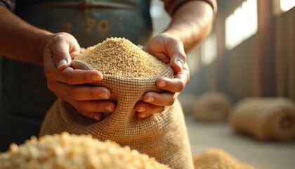 Hands hold bag with grain for flour production at automated mill. Modern bread manufacture, food processing. Farming, agriculture, industry background, product made with AI technology.