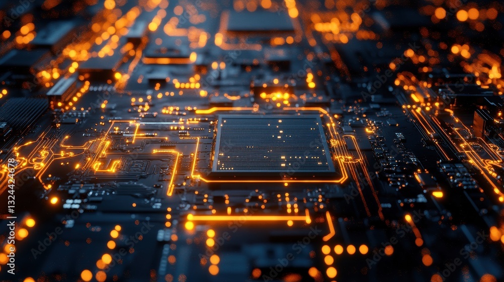 Poster abstract glowing circuit, motherboard backdrop. technology, hardware, future concept. 3d rendering.