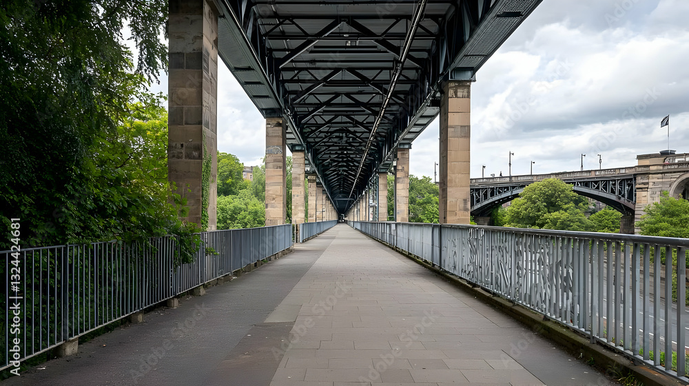 Poster symmetrical view of steel bridge structure with concrete support and green trees on a cloudy day