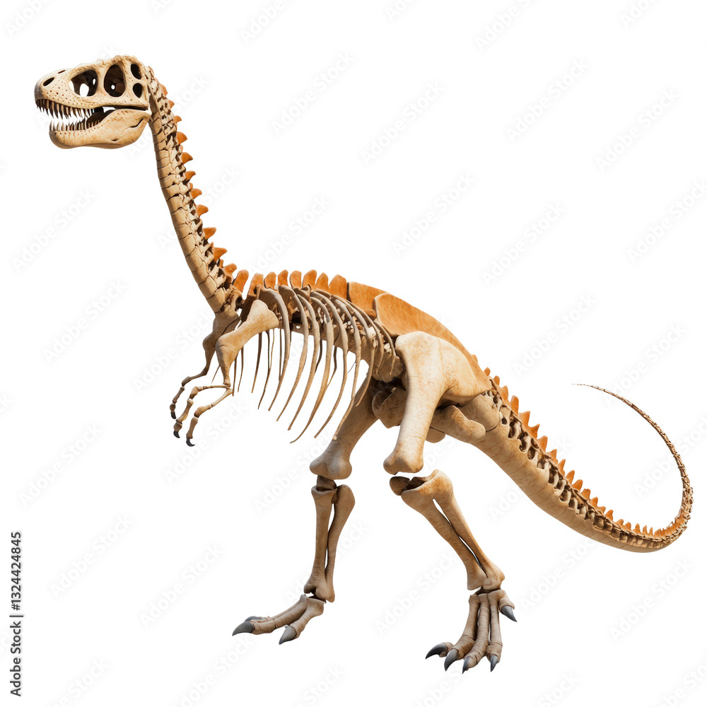 Poster intriguing dinosaur skeleton displayed in a museum setting, captivating visitors with its ancient hi