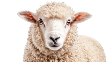 Obraz premium A detailed portrait of a curious sheep with fluffy wool and expressive eyes, isolated on a transparent background.