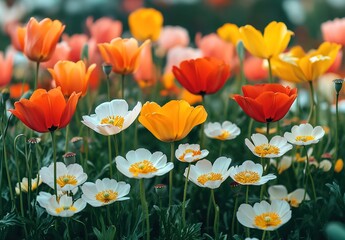 Colorful poppy field in spring with beautiful, vibrant flowers in the background. Colorful flower garden on a sunny day.