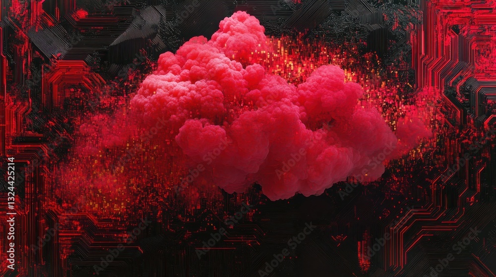Poster abstract digital background showcasing a vivid red cloud amidst intricate black circuitry patterns. 