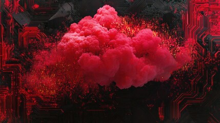 Abstract digital background showcasing a vivid red cloud amidst intricate black circuitry patterns. Cybersecurity,Cloud Security