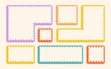 Frames Scalloped Vector Corrugated Bento Grid Shapes Set. Scallop Frame Wavy Retro Stickers Collection. Zig Zag Edge Geometric Borders Tag Boxes. Wiggle Line Design Sign Background. Isolated