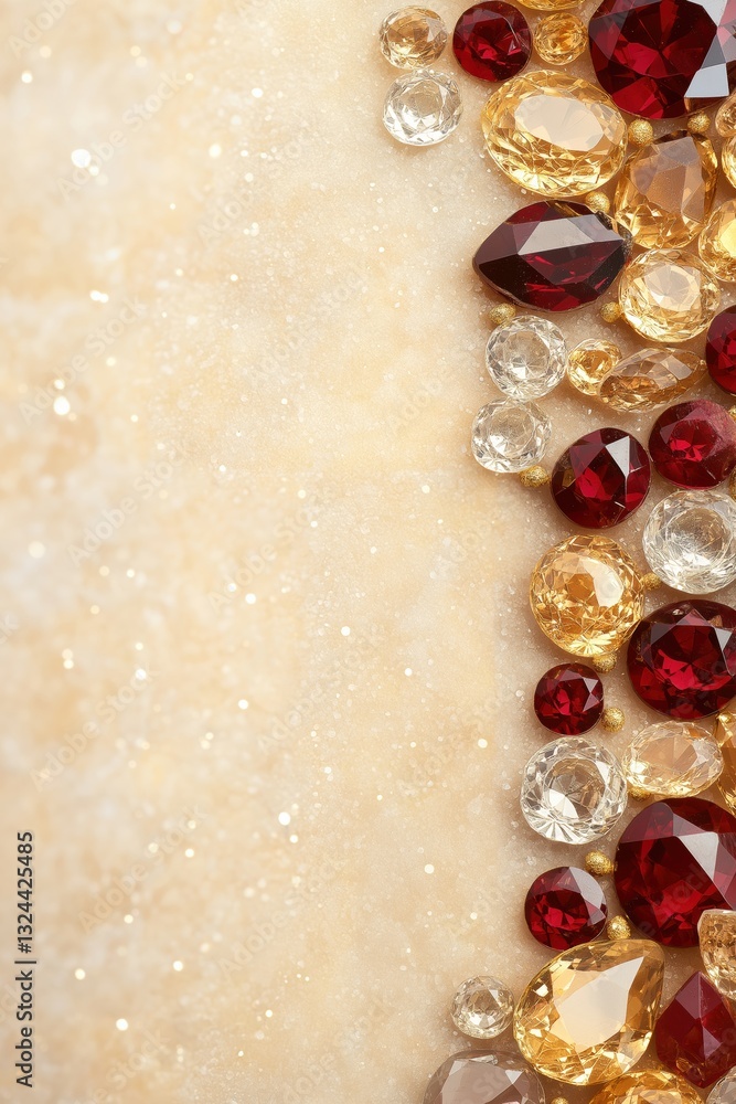Poster a close up of a bunch of red, yellow and white gems. the red gems are the most prominent and are sca