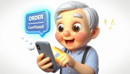 Elderly man confirming online order digital illustration happy environment front view e-commerce