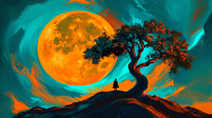 Fototapeta premium Silhouette Under the Celestial Canopy: A solitary figure stands in quiet contemplation beneath a vibrant, surreal moon and a windswept tree atop a hill.